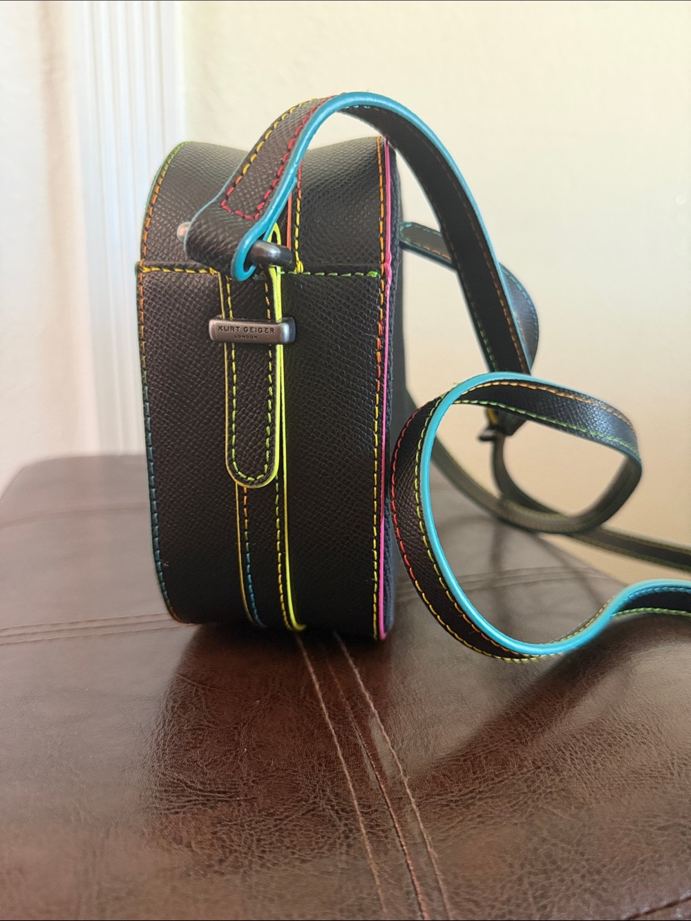 Kurt Geiger Black Crossbody with Teal & Pink Trim used one time . - Picture 2 of 6